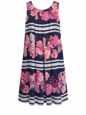 Vince Camuto Navy Stripe Floral Shift Dress Sleeveless Pink Flowers Size Small